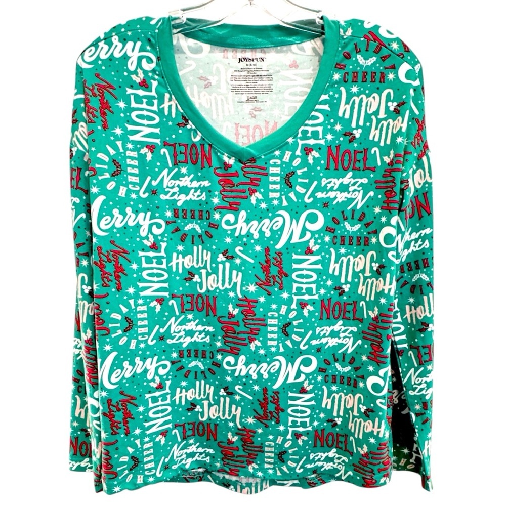 Joyspun Women's Size M (8-10) Hacci Knit Christmas Print V-neck Long Sleeve Tee